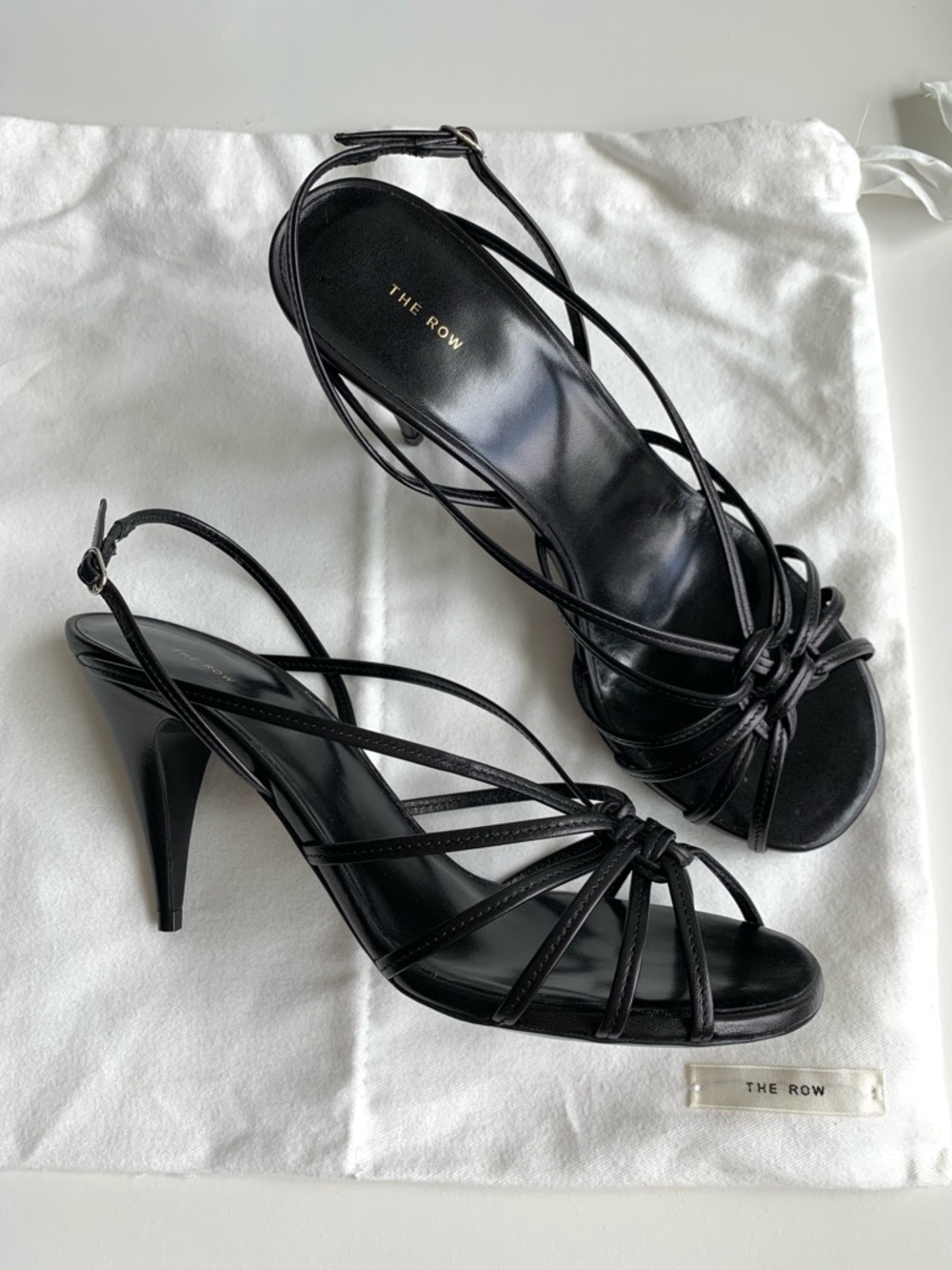 The Row Black Leather Strappy Knot Detail  Slingback Sandals,Size EU37.5/ US 7.5